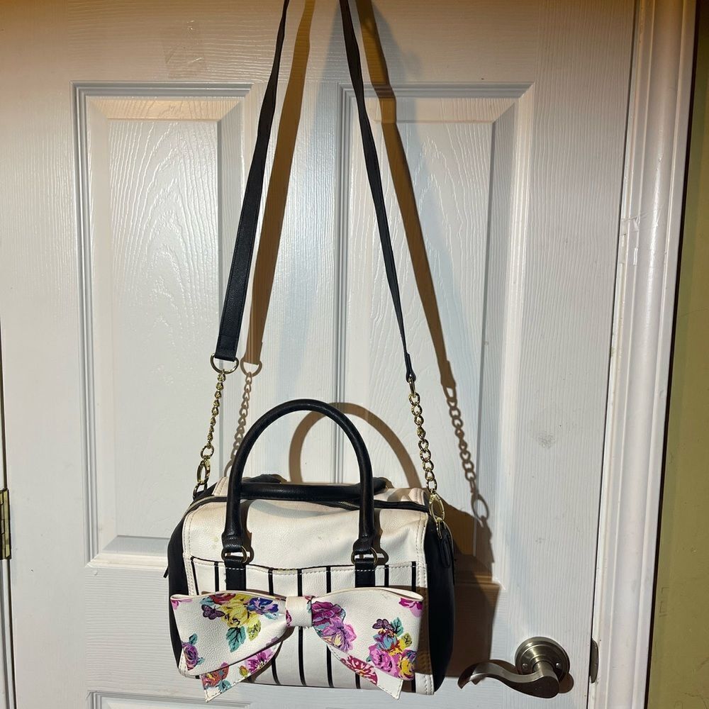 Betsey Johnson off white & black stripes Satchel/ shoulder bag Floral bow accent